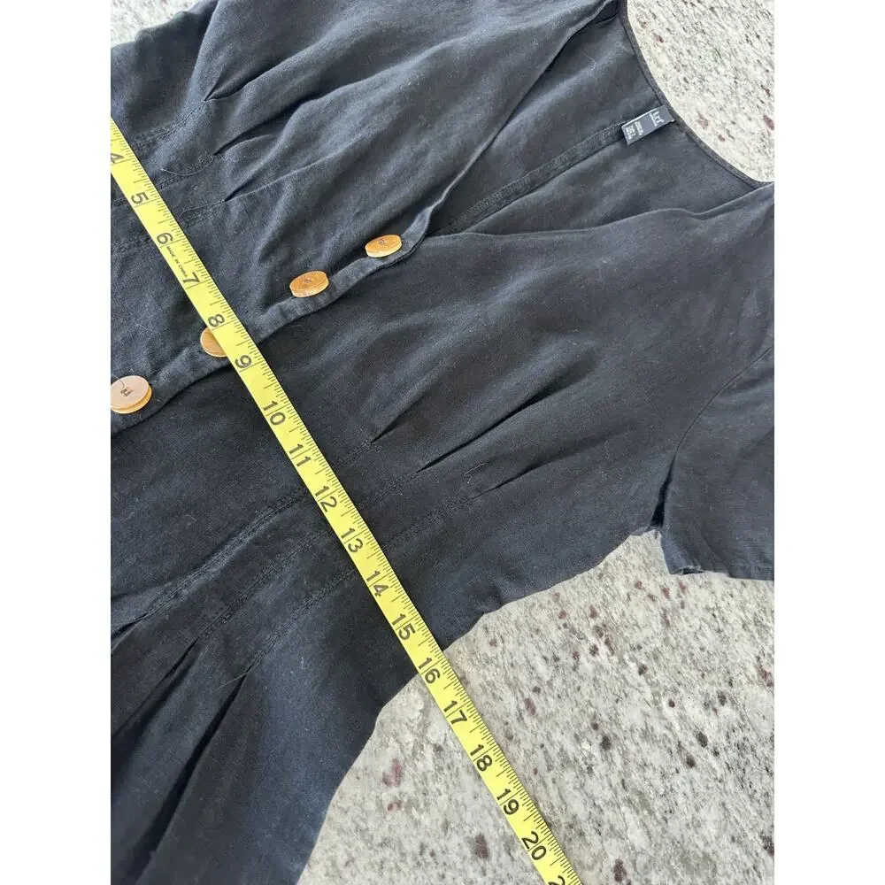 Zara Black Linen Plunge Neck Short Playsuit Natural Wood Toned Front Button L